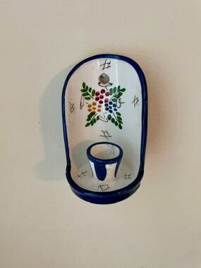 Folk Art Ceramic Blue & White Candle Holder Spain
